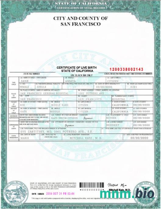 USA California state narodziny certyfikat szablon w formacie PSD